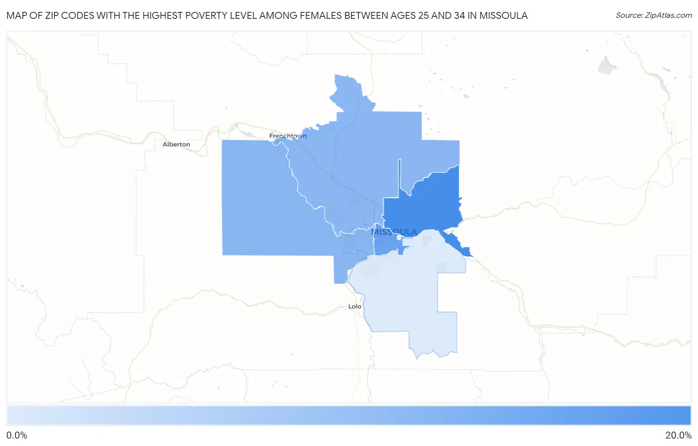 Zip Codes with the Highest Poverty Level Among Females Between Ages 25 and 34 in Missoula Map