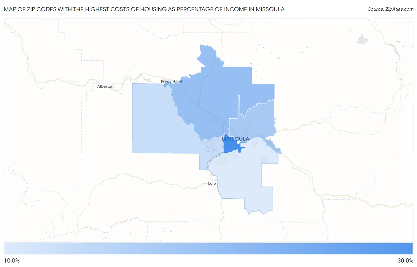 Zip Codes with the Highest Costs of Housing as Percentage of Income in Missoula Map