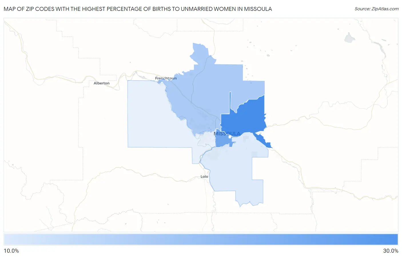 Zip Codes with the Highest Percentage of Births to Unmarried Women in Missoula Map