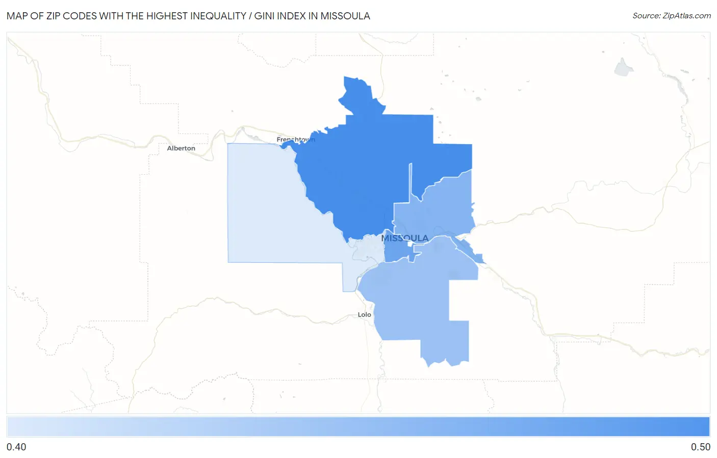Zip Codes with the Highest Inequality / Gini Index in Missoula Map