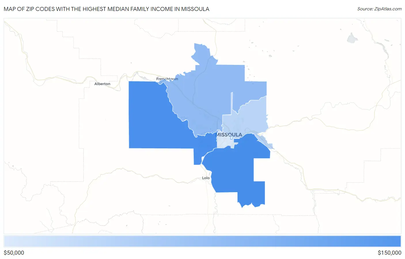 Zip Codes with the Highest Median Family Income in Missoula Map
