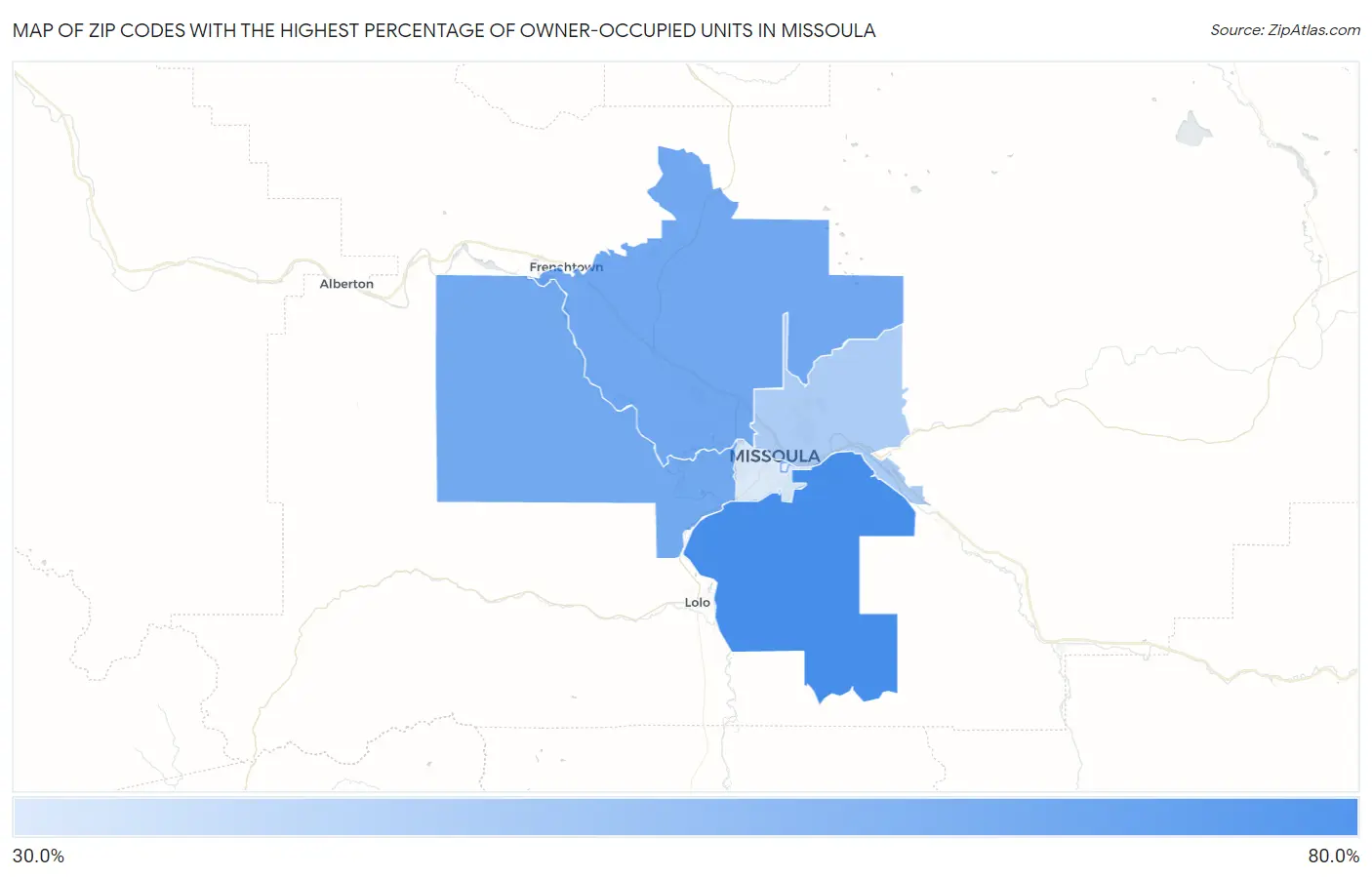 Zip Codes with the Highest Percentage of Owner-Occupied Units in Missoula Map