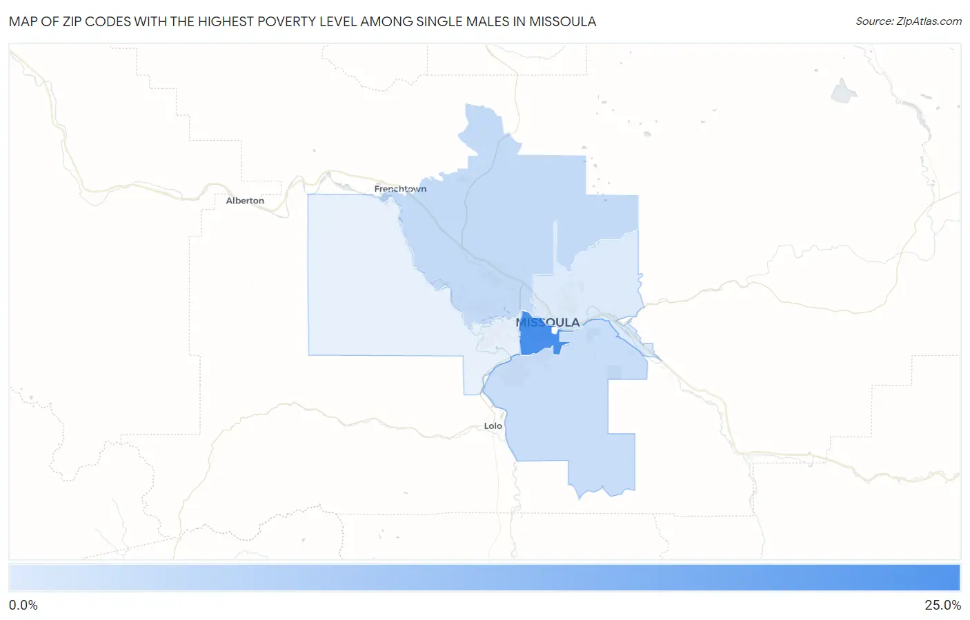 Zip Codes with the Highest Poverty Level Among Single Males in Missoula Map
