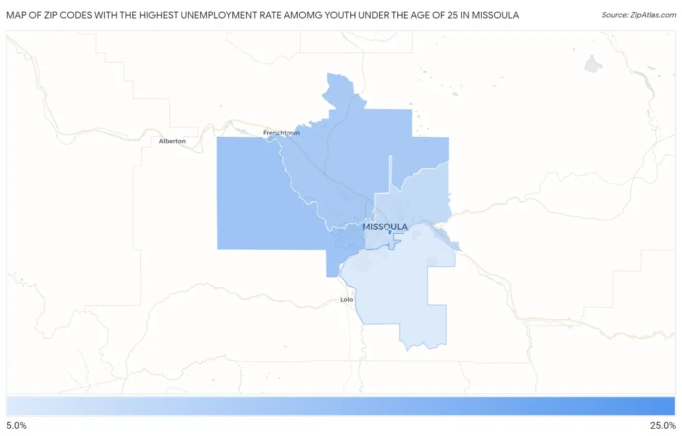 Zip Codes with the Highest Unemployment Rate Amomg Youth Under the Age of 25 in Missoula Map