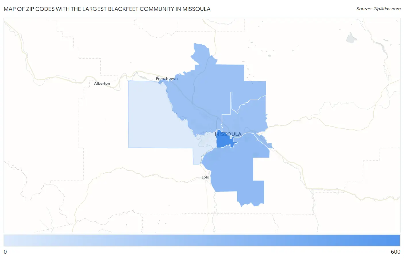 Zip Codes with the Largest Blackfeet Community in Missoula Map