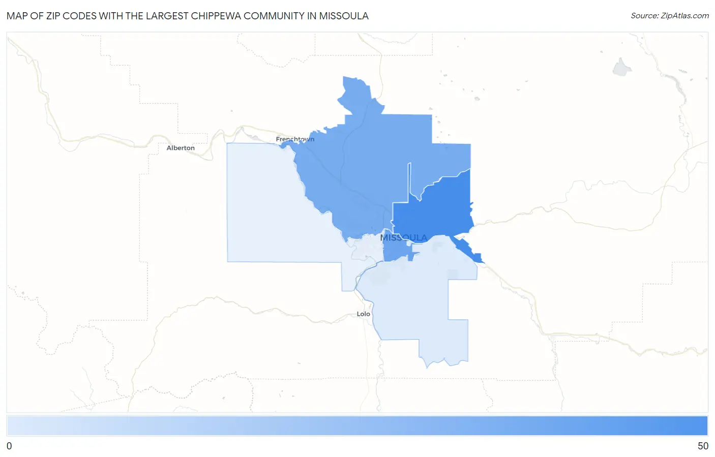 Zip Codes with the Largest Chippewa Community in Missoula Map
