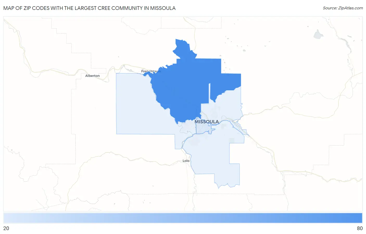 Zip Codes with the Largest Cree Community in Missoula Map