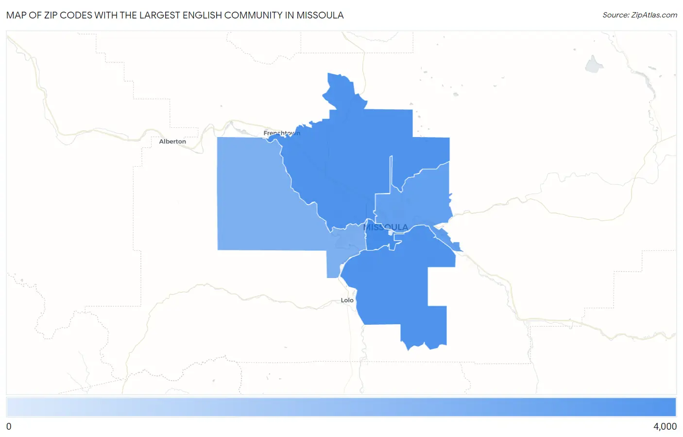 Zip Codes with the Largest English Community in Missoula Map