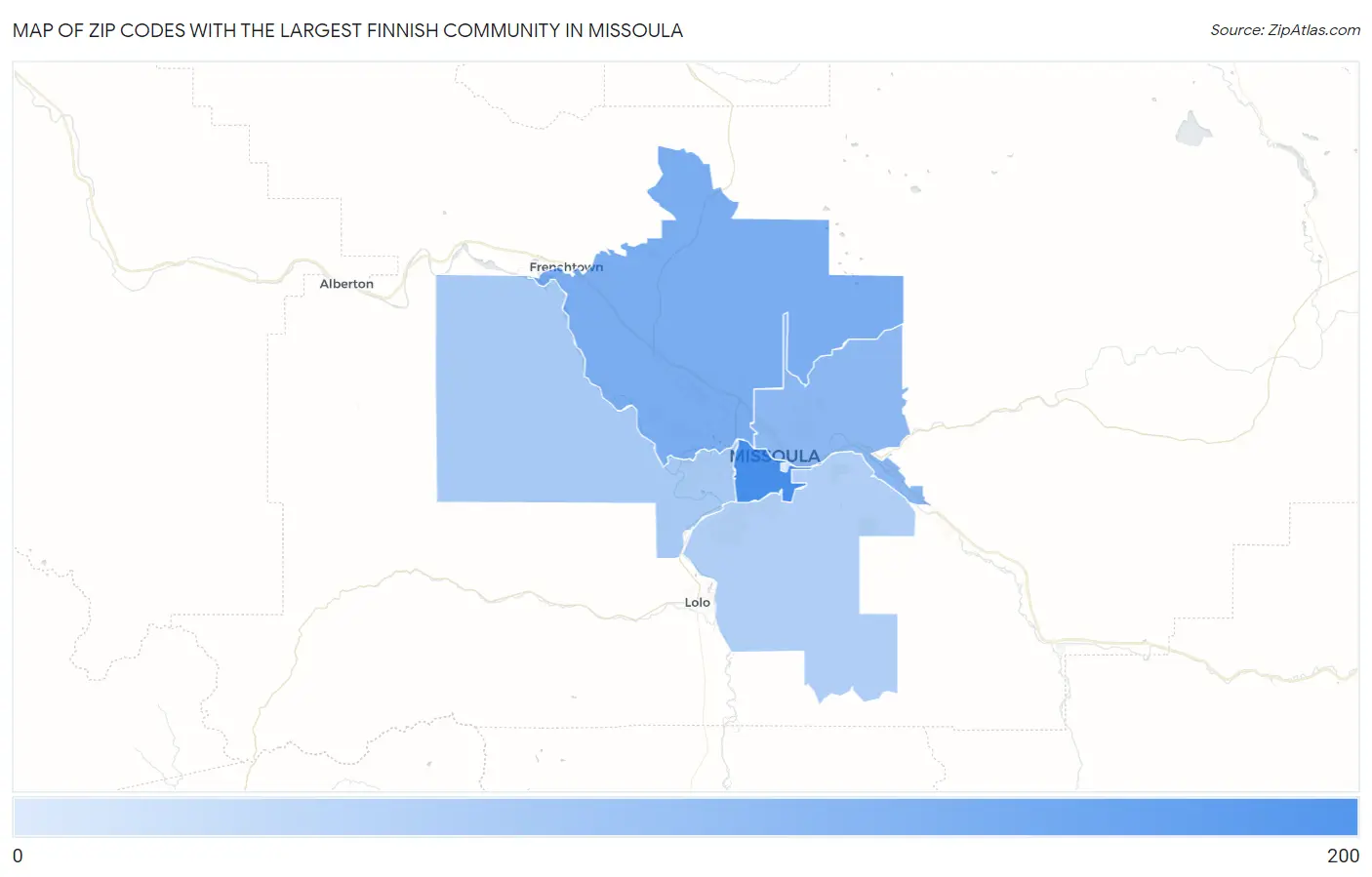 Zip Codes with the Largest Finnish Community in Missoula Map