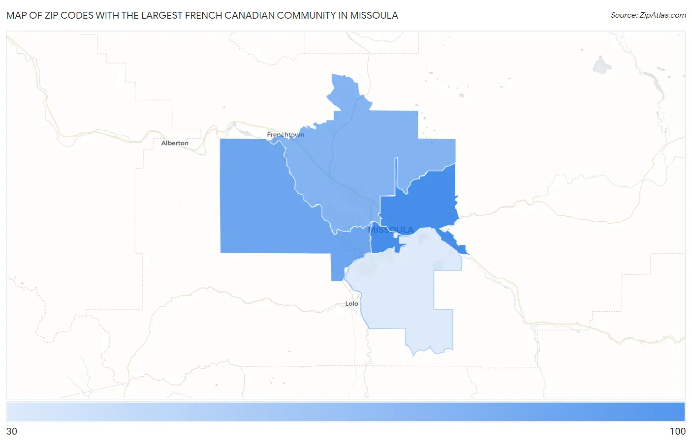 Zip Codes with the Largest French Canadian Community in Missoula Map