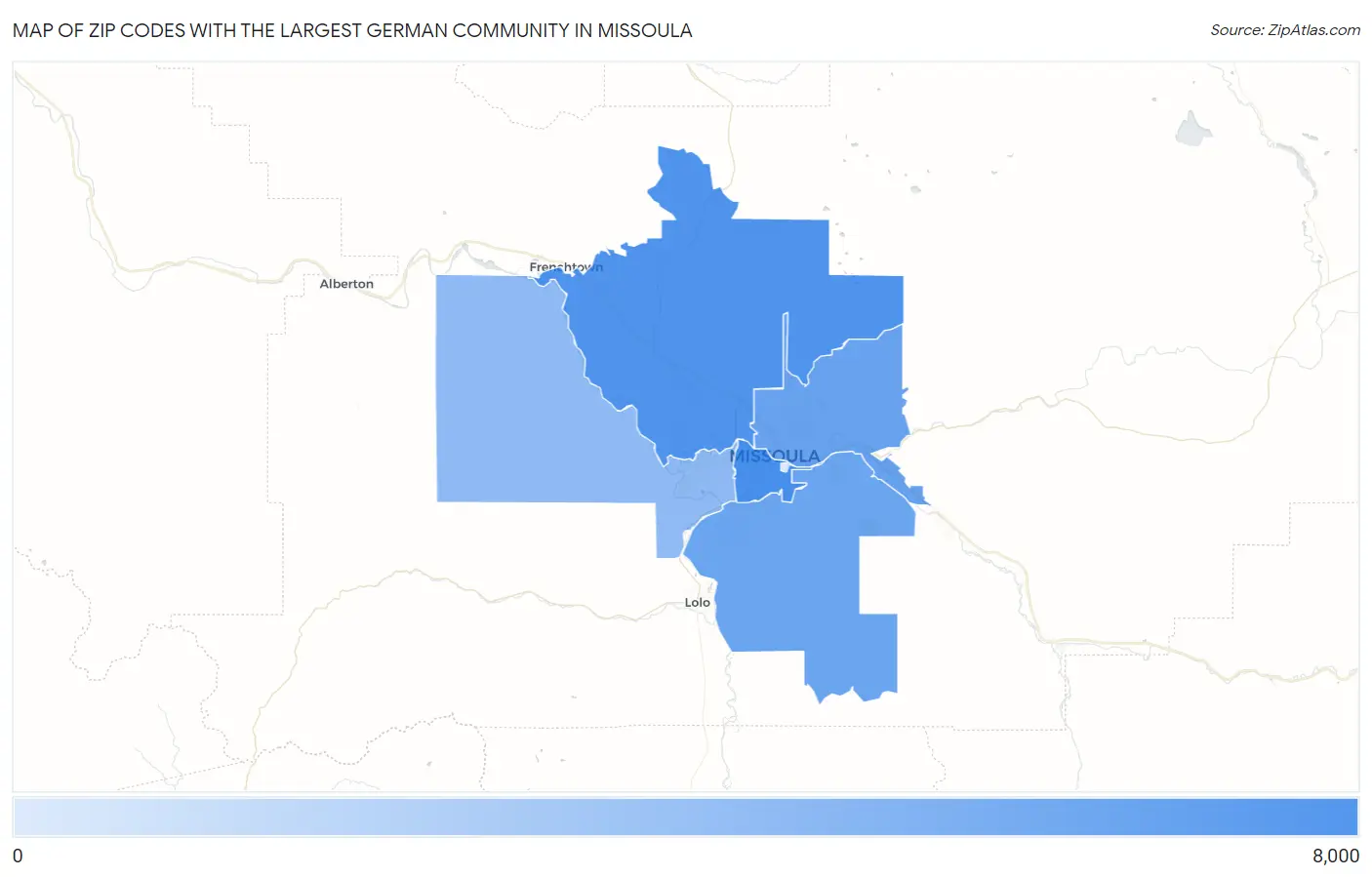 Zip Codes with the Largest German Community in Missoula Map