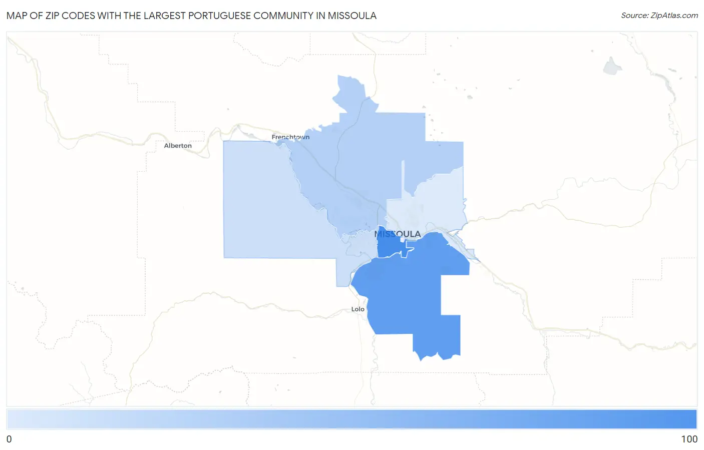 Zip Codes with the Largest Portuguese Community in Missoula Map
