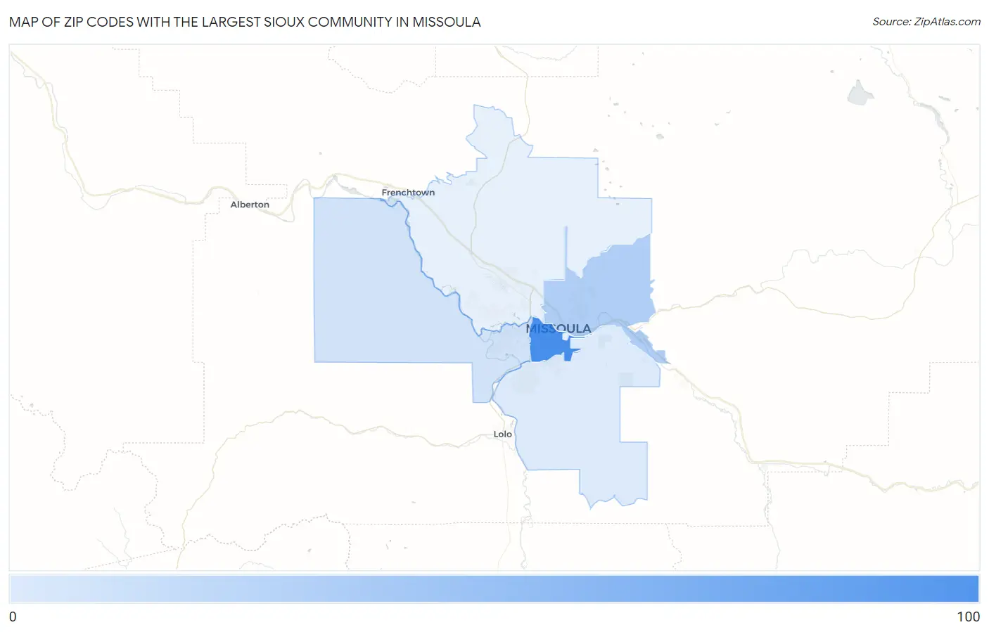Zip Codes with the Largest Sioux Community in Missoula Map