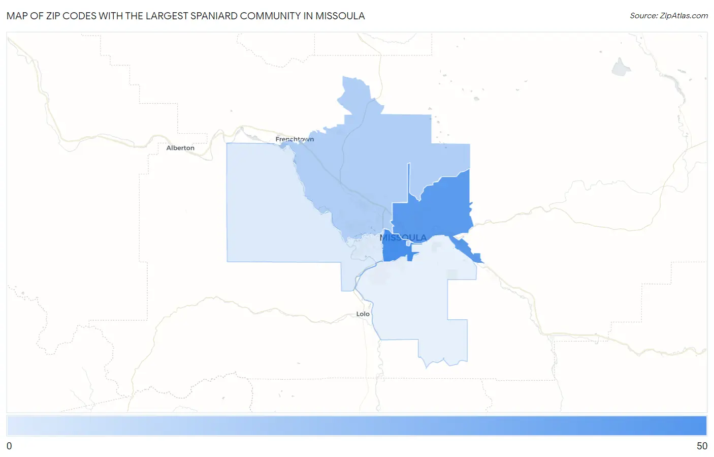 Zip Codes with the Largest Spaniard Community in Missoula Map