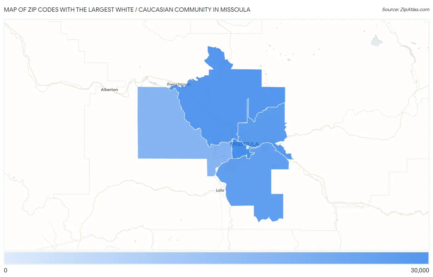 Zip Codes with the Largest White / Caucasian Community in Missoula Map