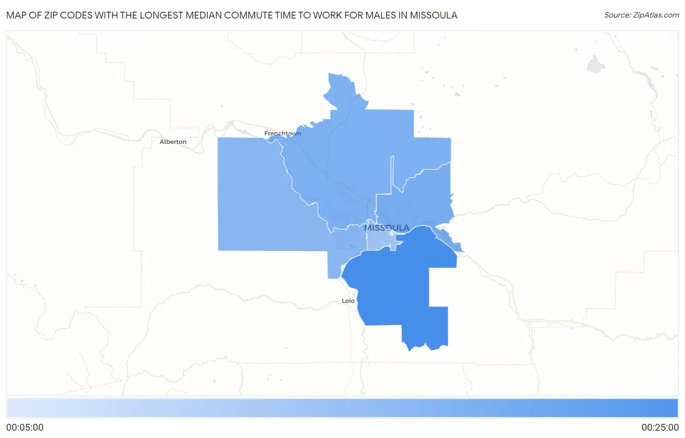 Zip Codes with the Longest Median Commute Time to Work for Males in Missoula Map