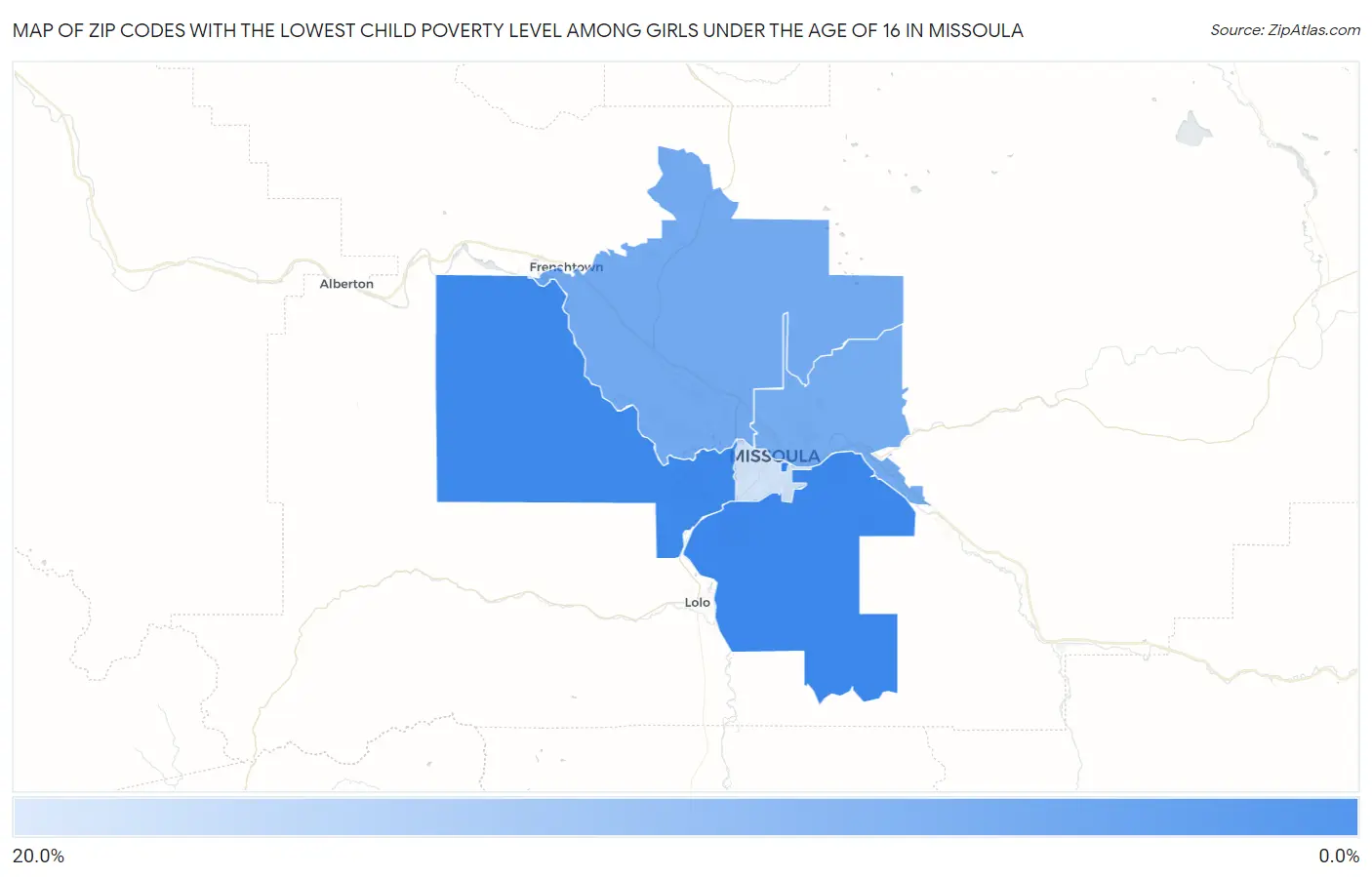 Zip Codes with the Lowest Child Poverty Level Among Girls Under the Age of 16 in Missoula Map
