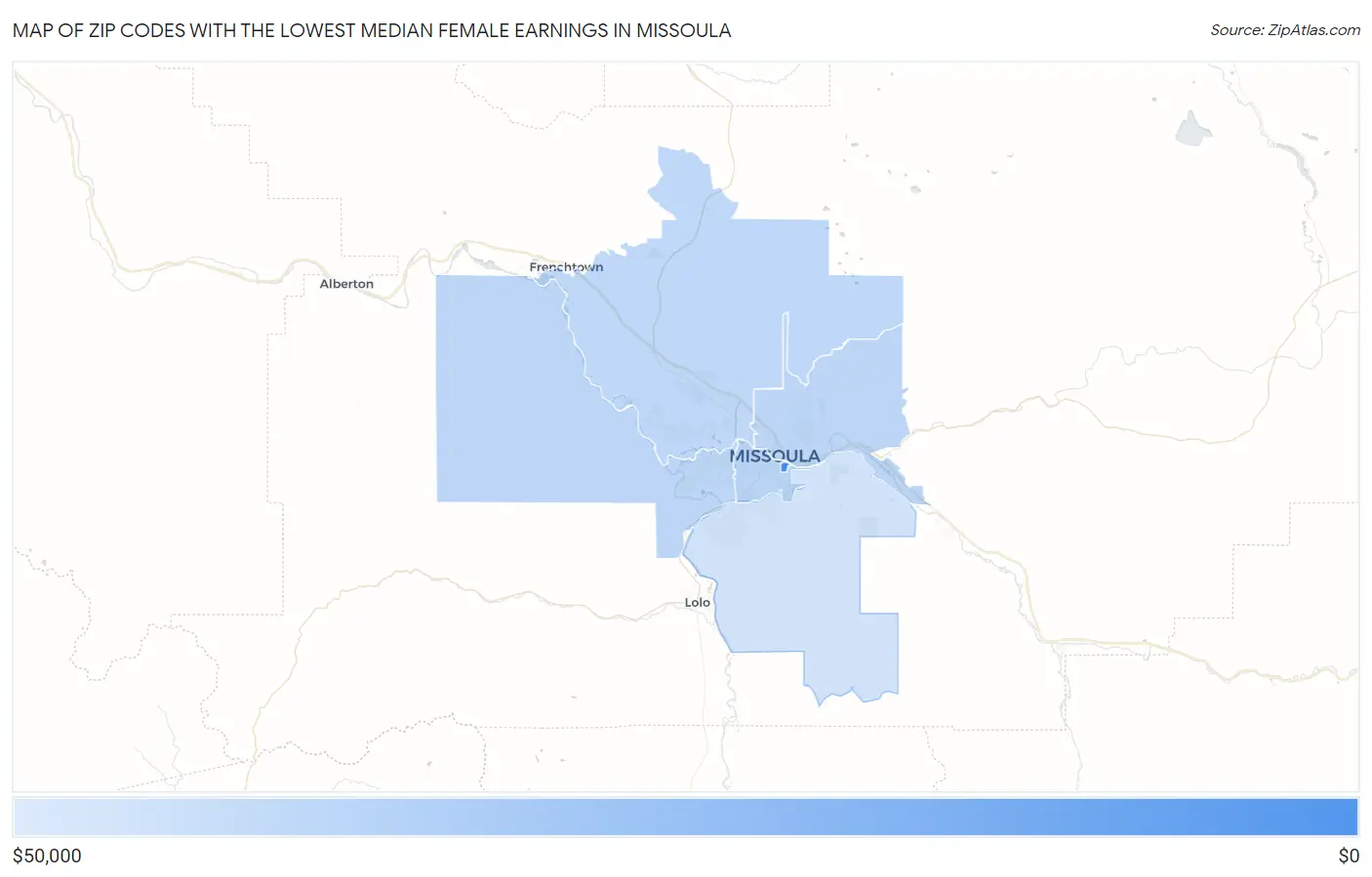Zip Codes with the Lowest Median Female Earnings in Missoula Map