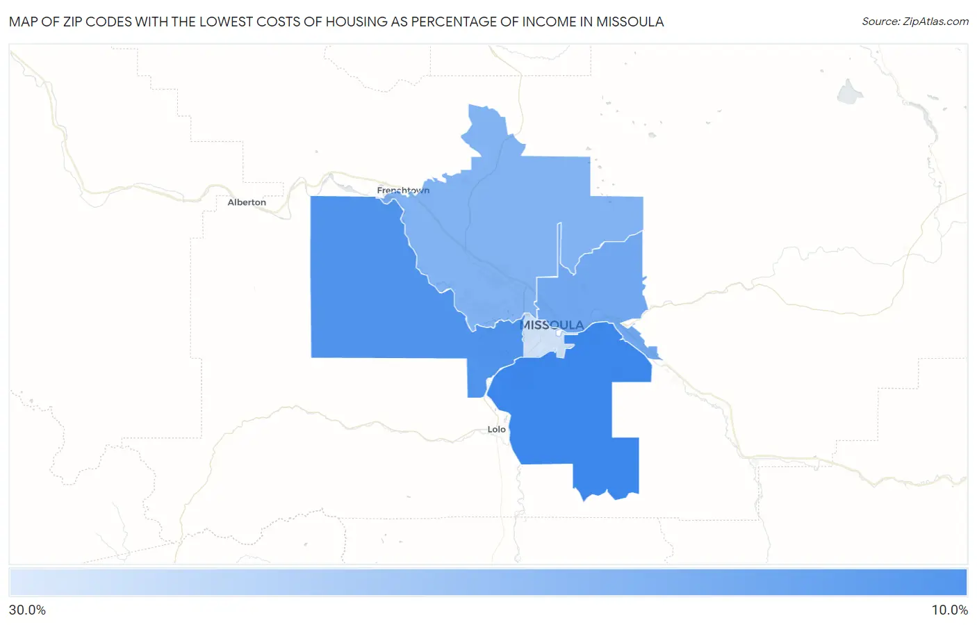 Zip Codes with the Lowest Costs of Housing as Percentage of Income in Missoula Map