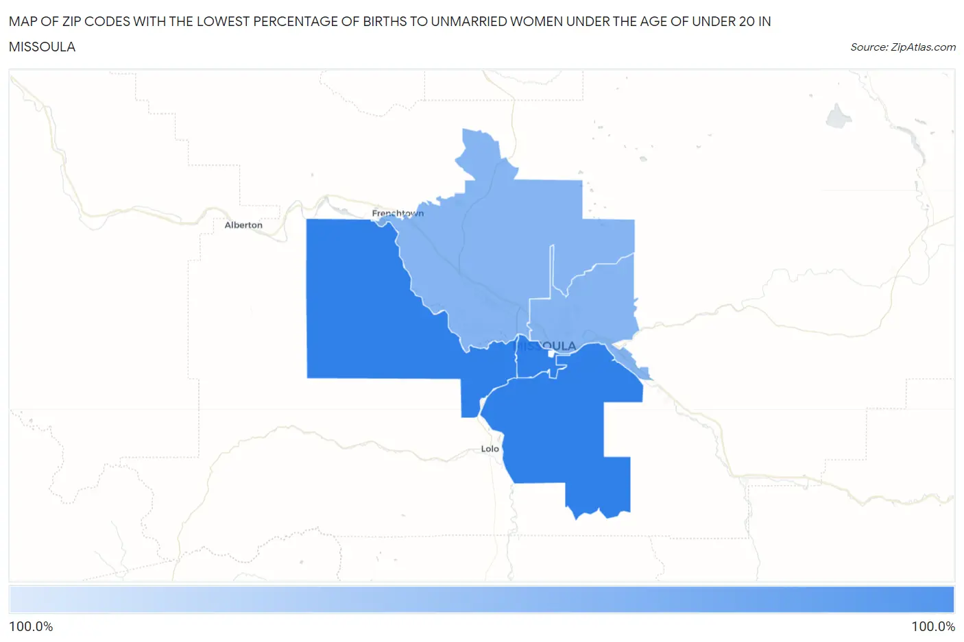 Zip Codes with the Lowest Percentage of Births to Unmarried Women under the Age of under 20 in Missoula Map