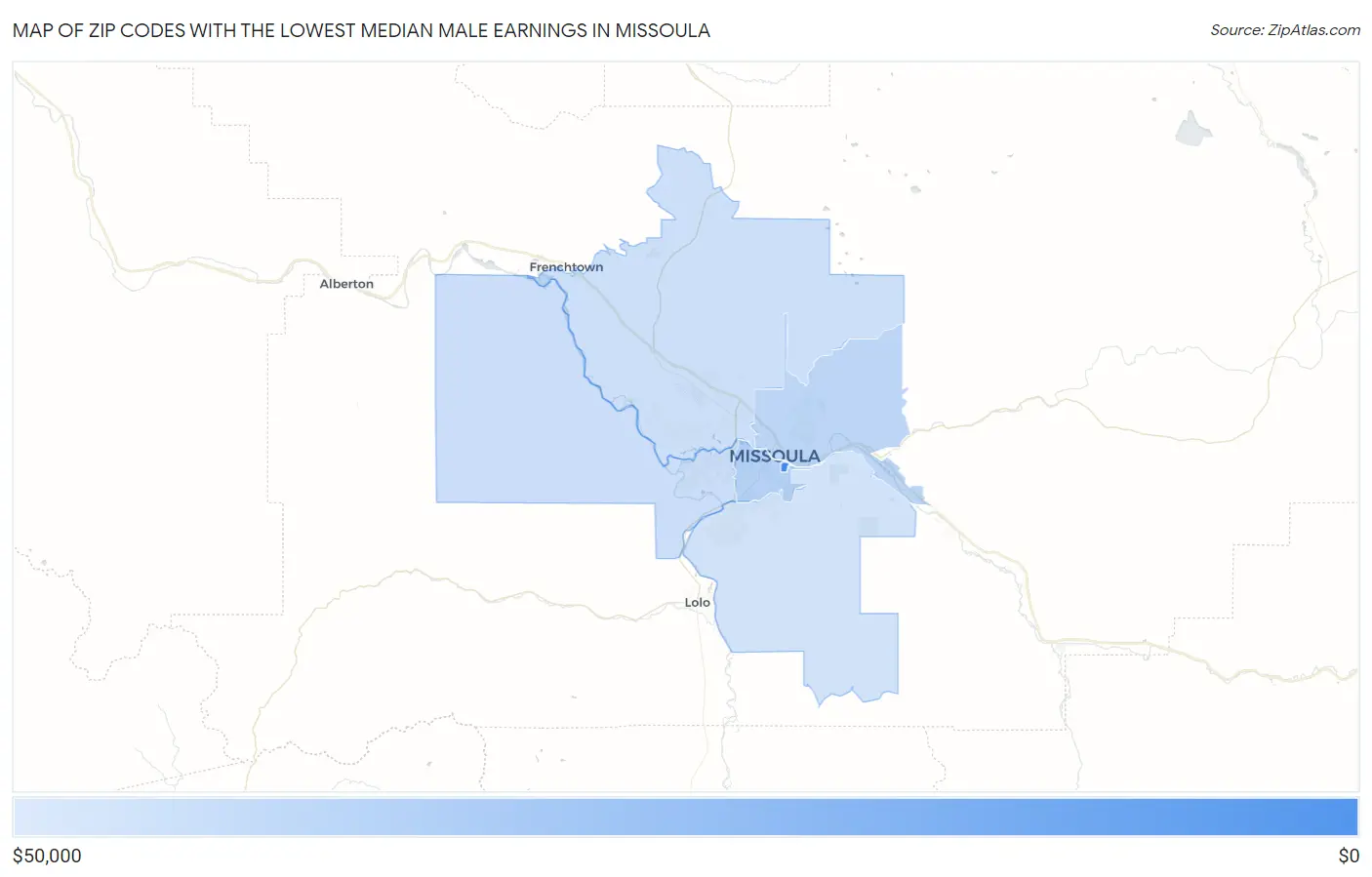 Zip Codes with the Lowest Median Male Earnings in Missoula Map