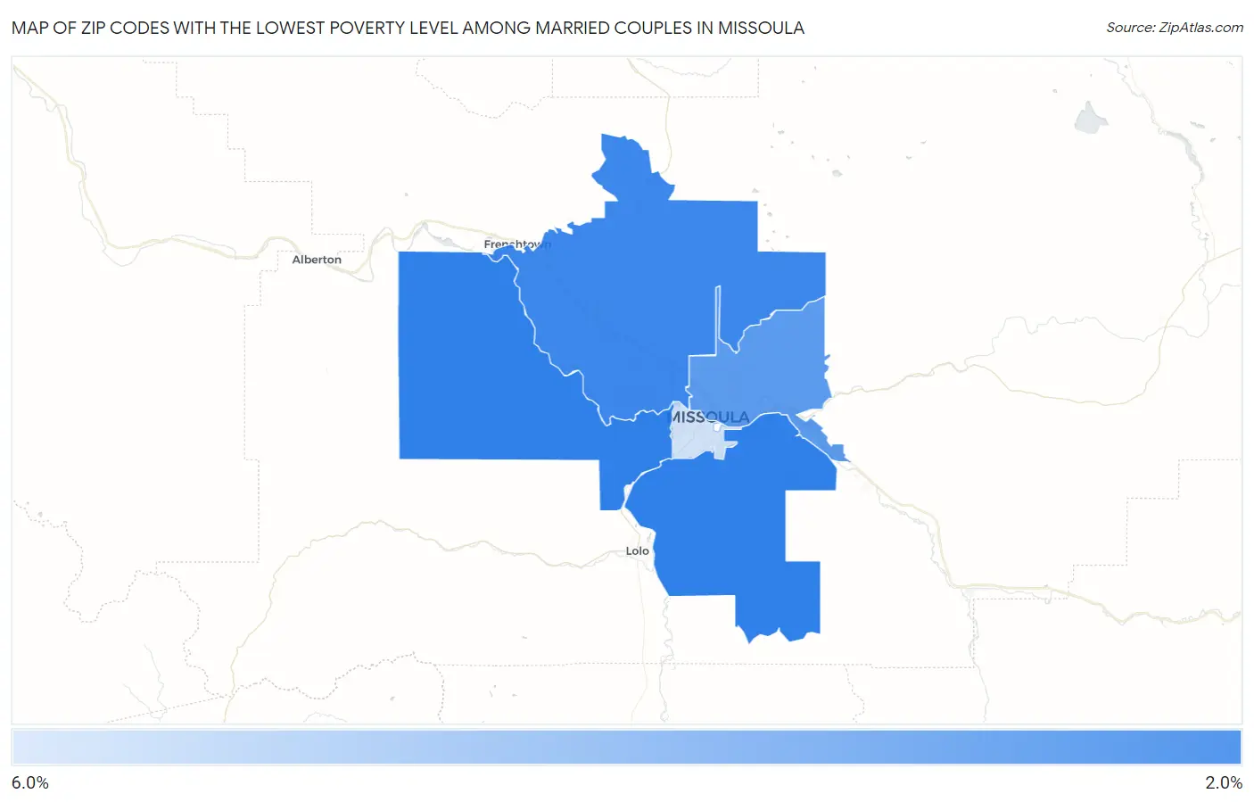 Zip Codes with the Lowest Poverty Level Among Married Couples in Missoula Map
