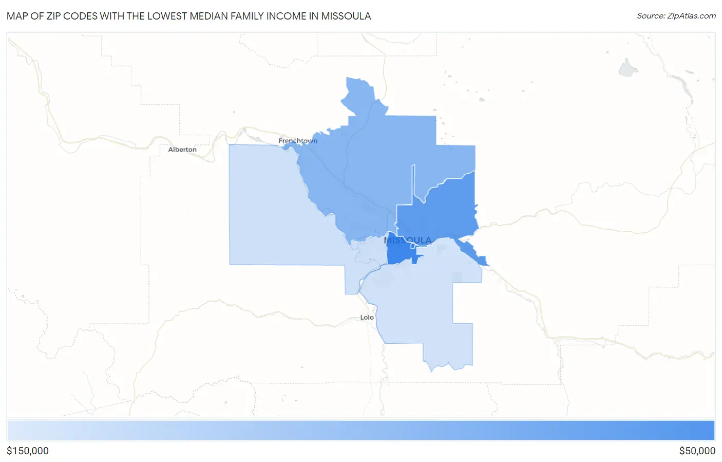 Zip Codes with the Lowest Median Family Income in Missoula Map