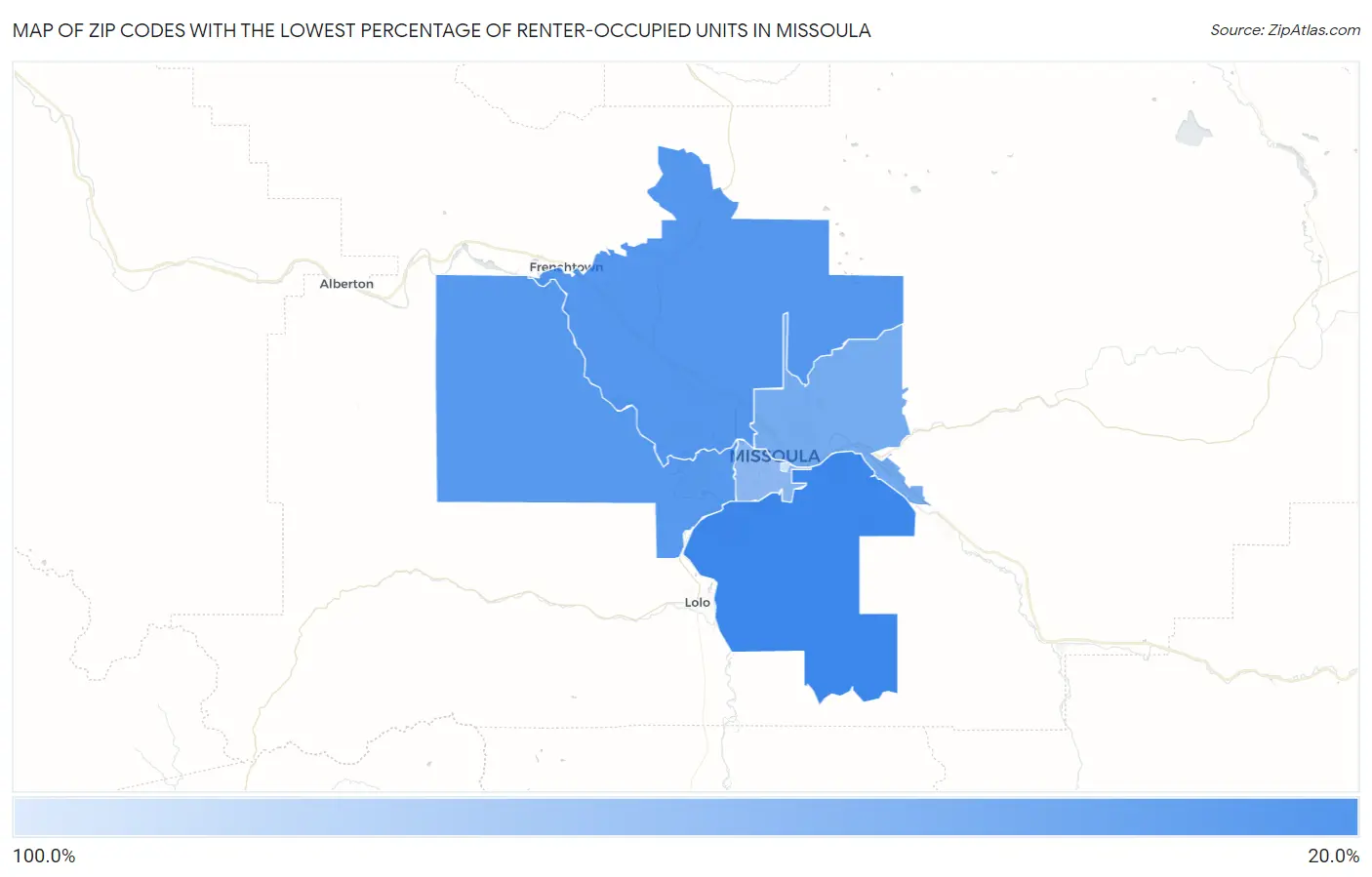 Zip Codes with the Lowest Percentage of Renter-Occupied Units in Missoula Map