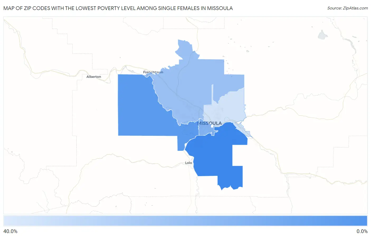 Zip Codes with the Lowest Poverty Level Among Single Females in Missoula Map