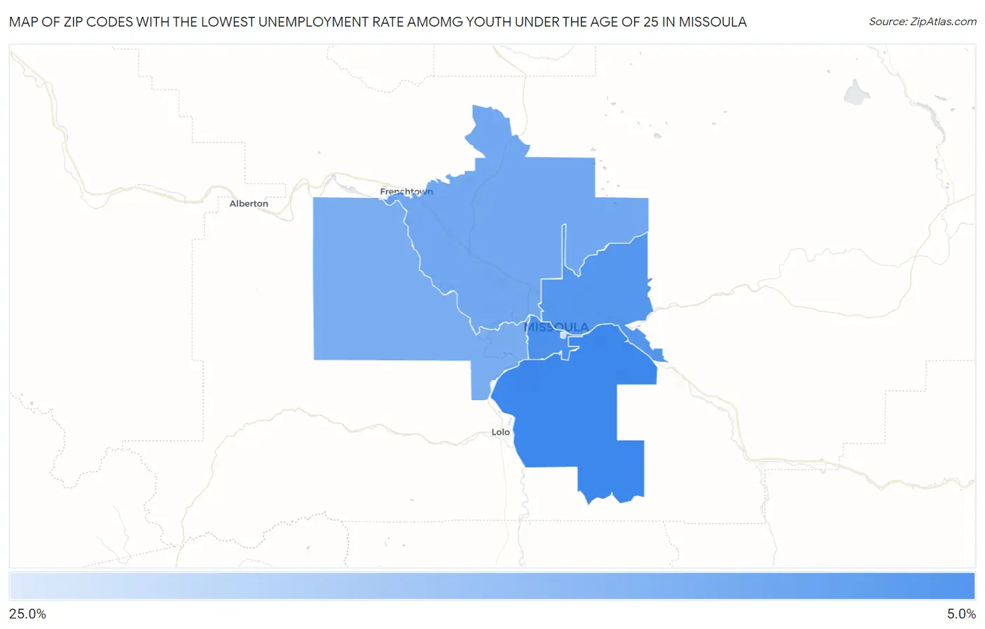 Zip Codes with the Lowest Unemployment Rate Amomg Youth Under the Age of 25 in Missoula Map
