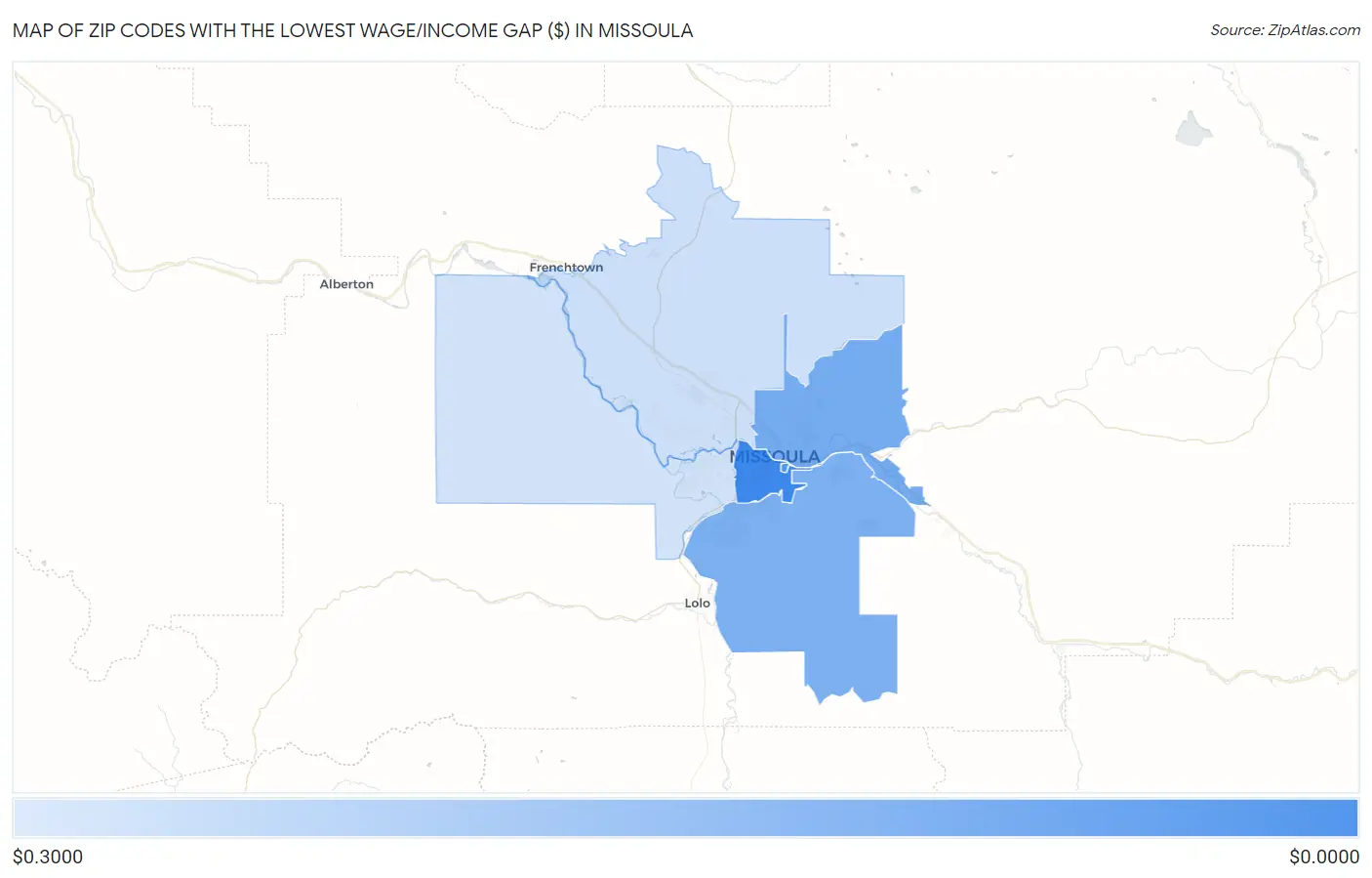 Zip Codes with the Lowest Wage/Income Gap ($) in Missoula Map