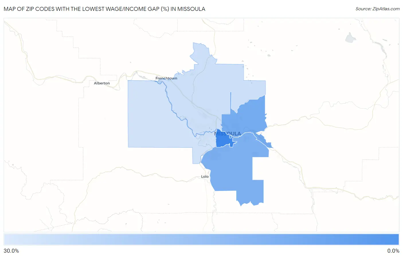 Zip Codes with the Lowest Wage/Income Gap (%) in Missoula Map