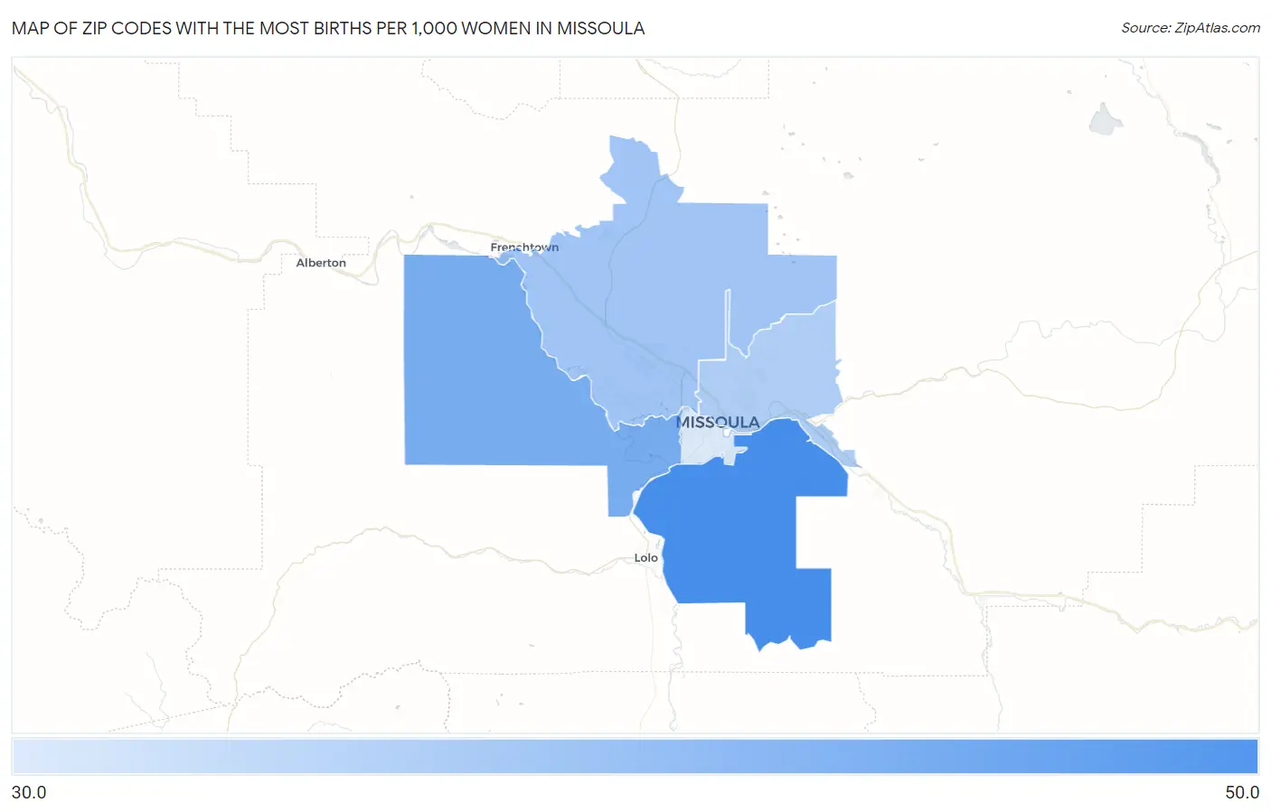 Zip Codes with the Most Births per 1,000 Women in Missoula Map