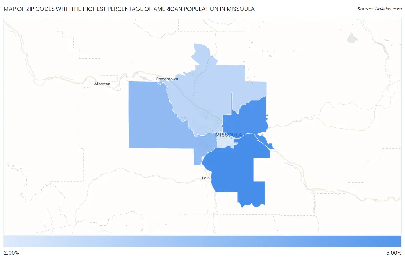 Zip Codes with the Highest Percentage of American Population in Missoula Map