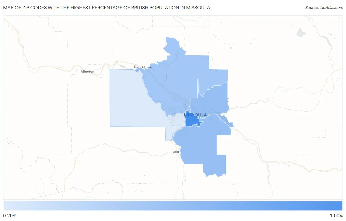 Zip Codes with the Highest Percentage of British Population in Missoula Map