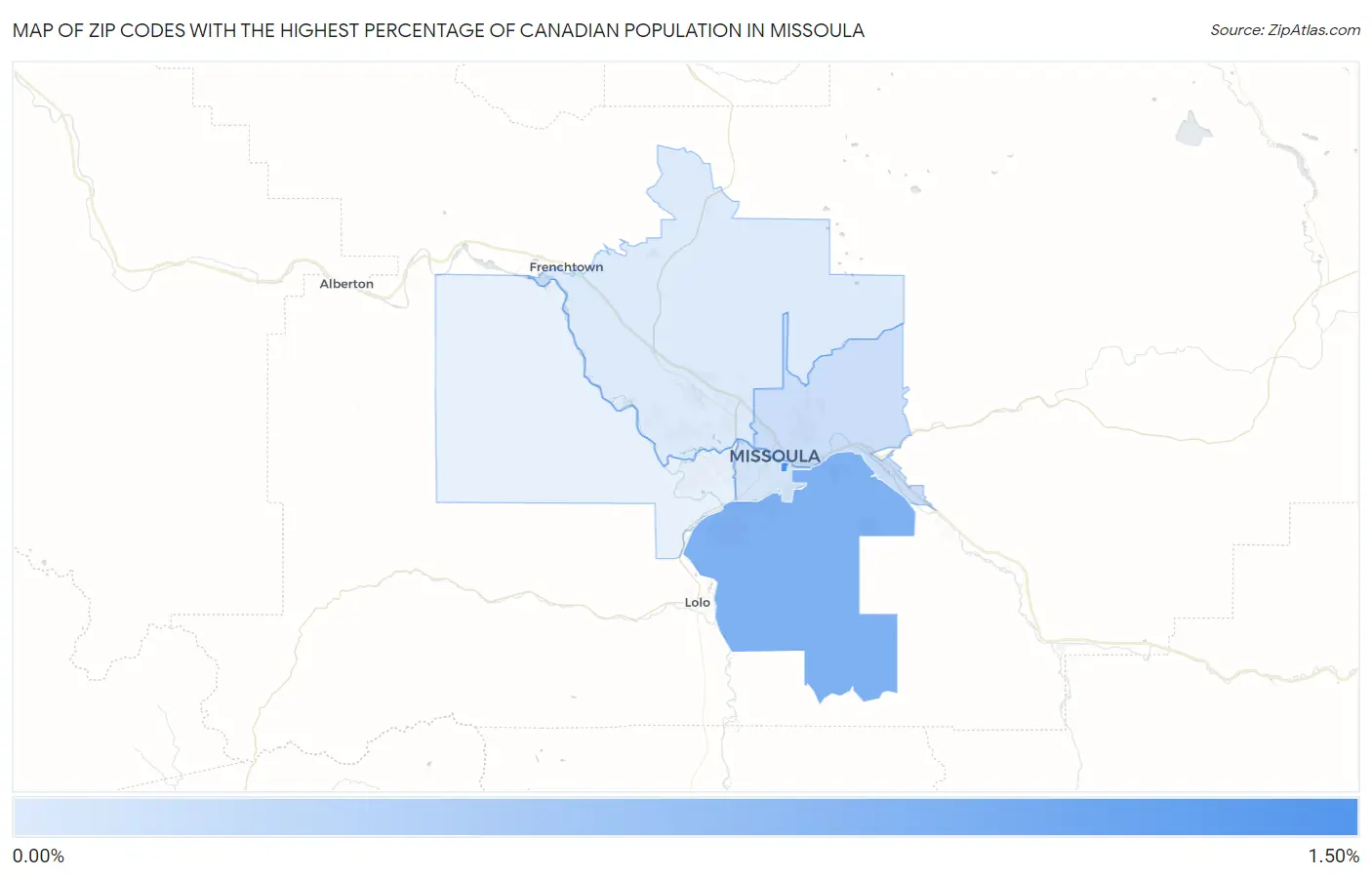 Zip Codes with the Highest Percentage of Canadian Population in Missoula Map