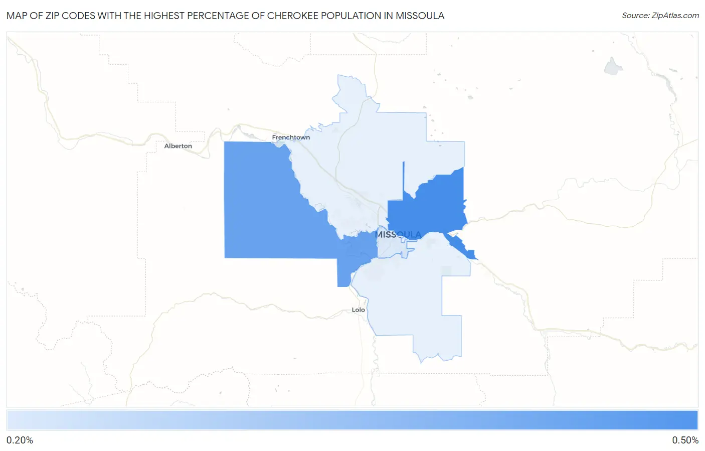 Zip Codes with the Highest Percentage of Cherokee Population in Missoula Map