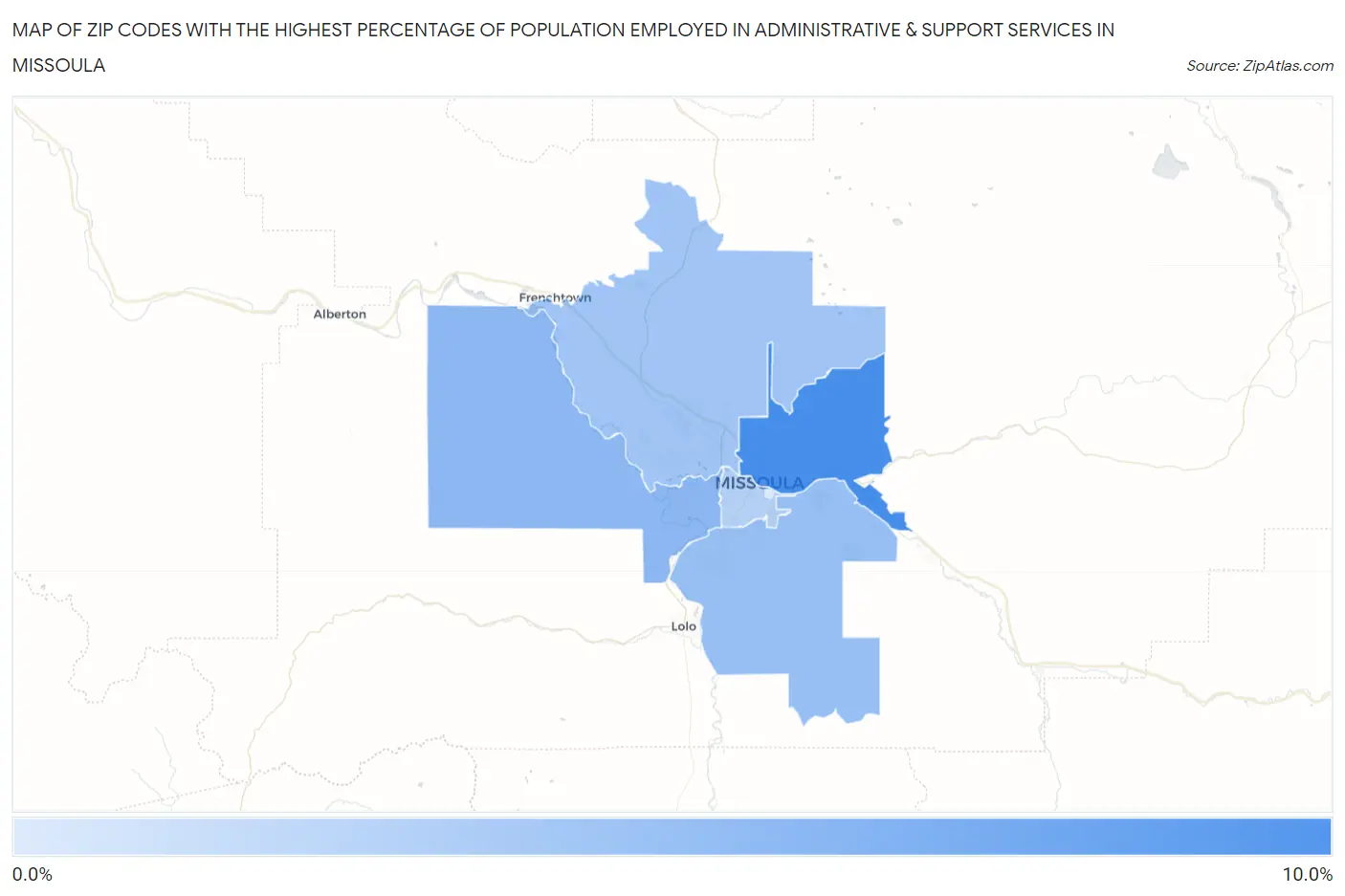 Zip Codes with the Highest Percentage of Population Employed in Administrative & Support Services in Missoula Map