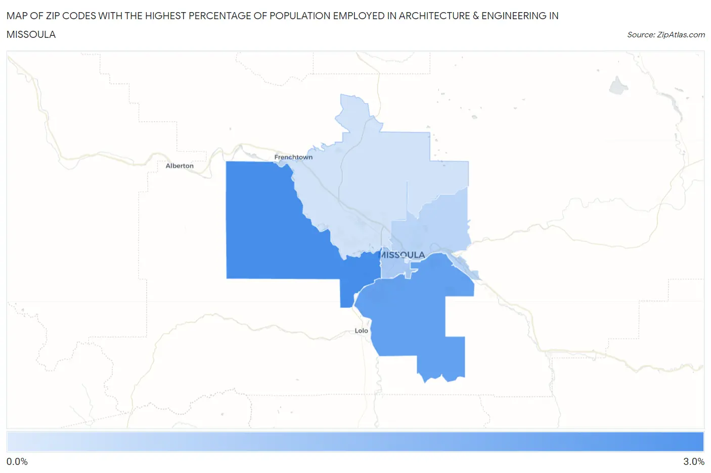 Zip Codes with the Highest Percentage of Population Employed in Architecture & Engineering in Missoula Map