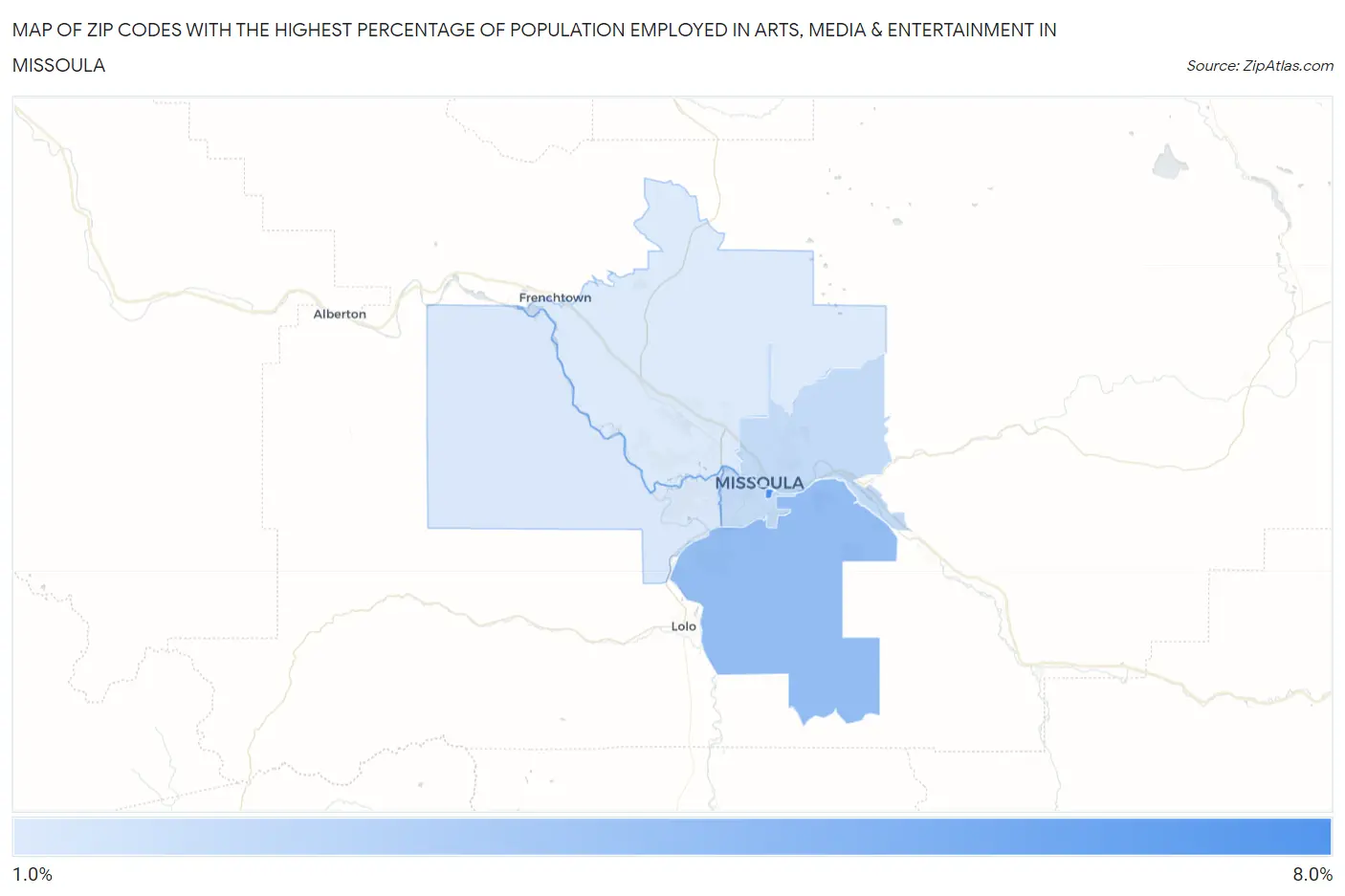 Zip Codes with the Highest Percentage of Population Employed in Arts, Media & Entertainment in Missoula Map