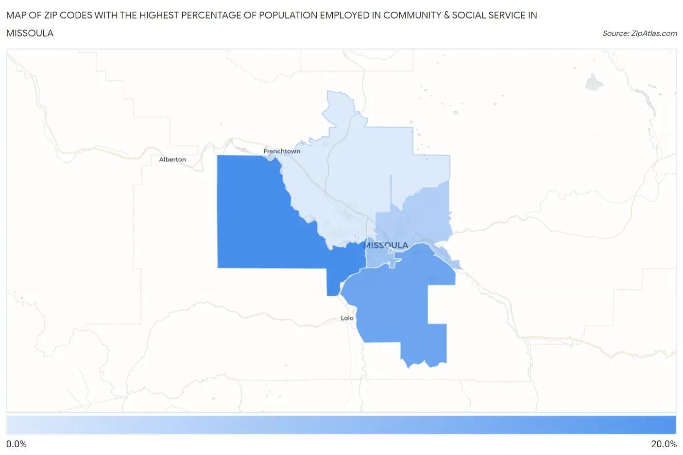 Zip Codes with the Highest Percentage of Population Employed in Community & Social Service  in Missoula Map