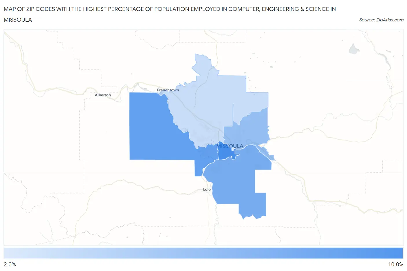 Zip Codes with the Highest Percentage of Population Employed in Computer, Engineering & Science in Missoula Map