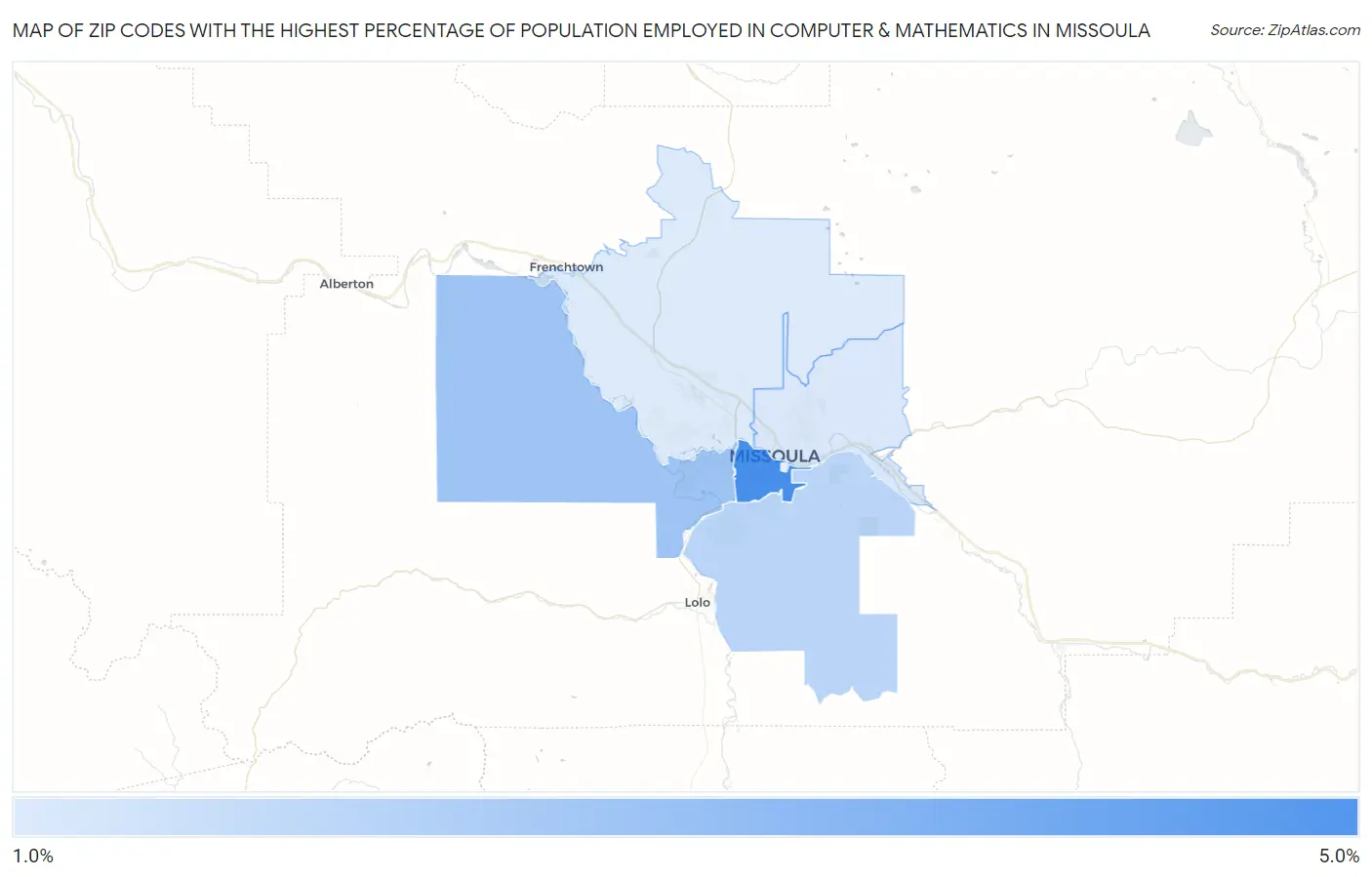 Zip Codes with the Highest Percentage of Population Employed in Computer & Mathematics in Missoula Map