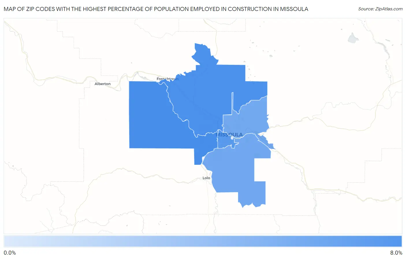 Zip Codes with the Highest Percentage of Population Employed in Construction in Missoula Map