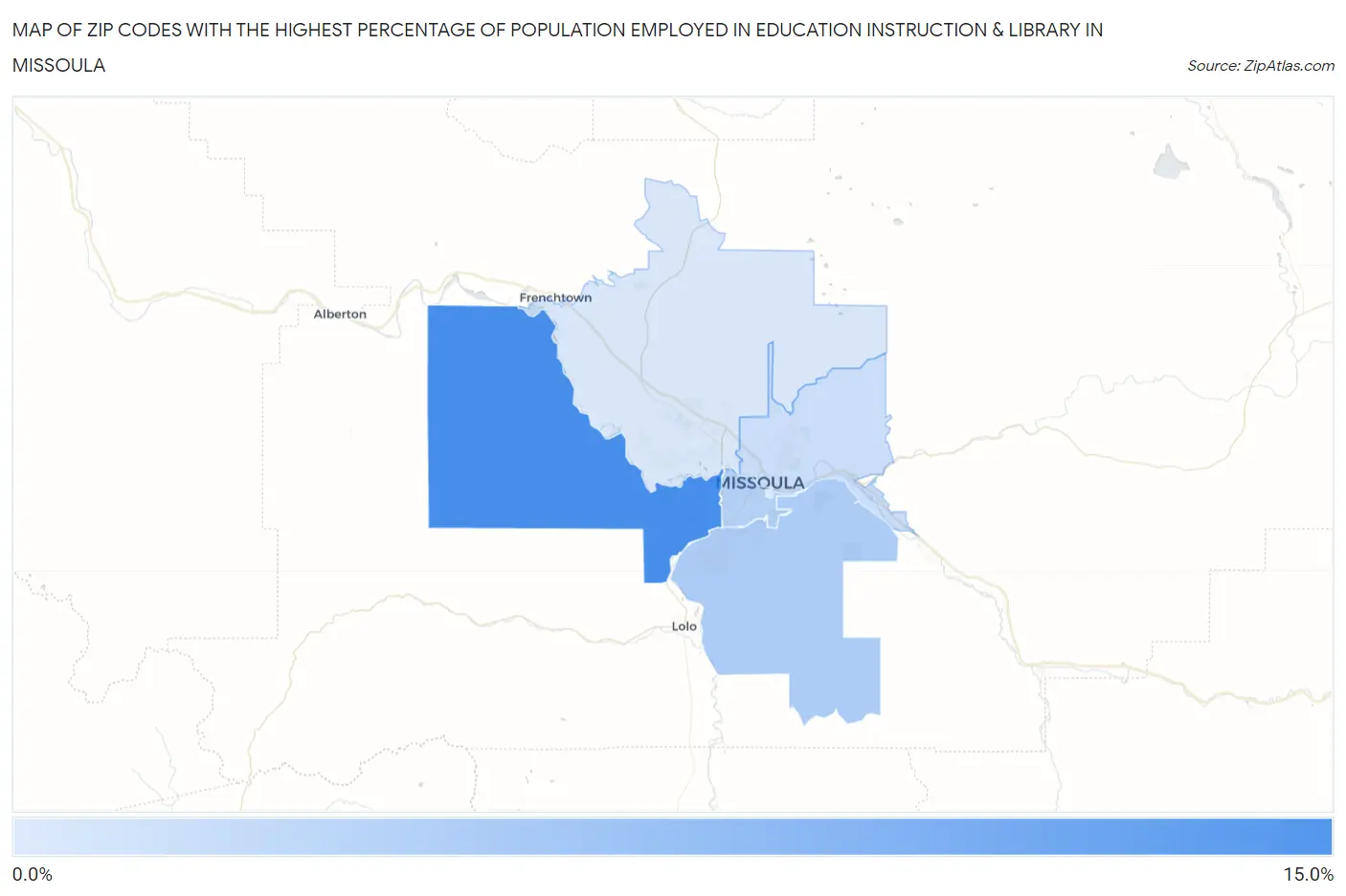 Zip Codes with the Highest Percentage of Population Employed in Education Instruction & Library in Missoula Map