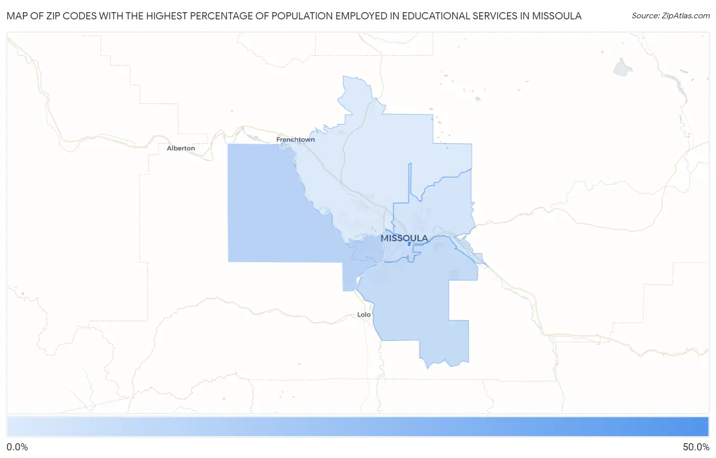 Zip Codes with the Highest Percentage of Population Employed in Educational Services in Missoula Map