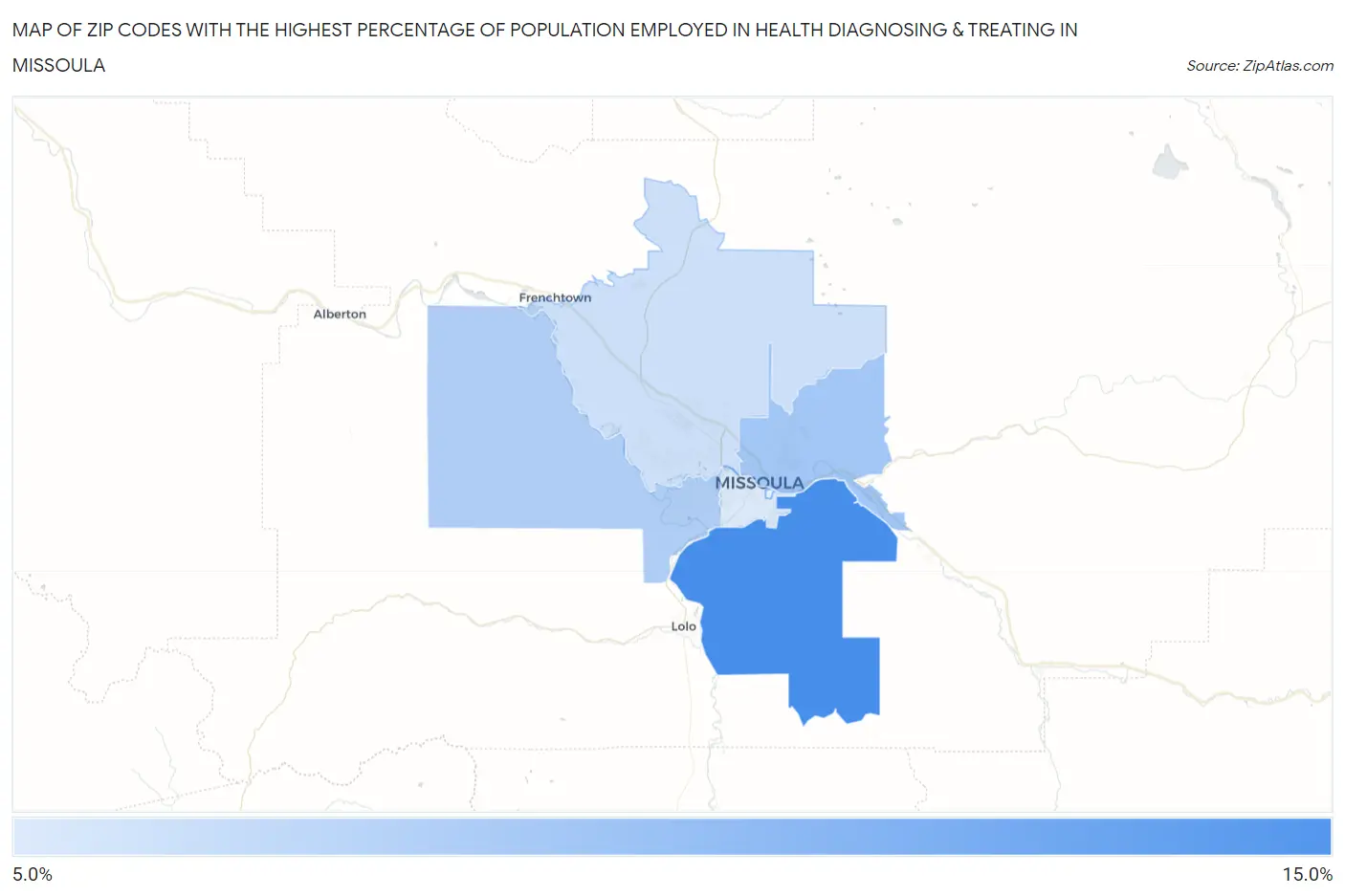 Zip Codes with the Highest Percentage of Population Employed in Health Diagnosing & Treating in Missoula Map