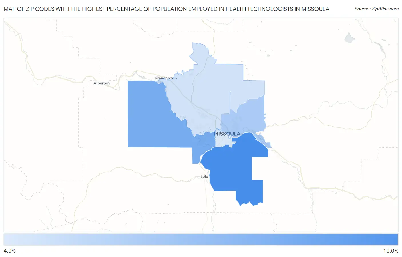 Zip Codes with the Highest Percentage of Population Employed in Health Technologists in Missoula Map