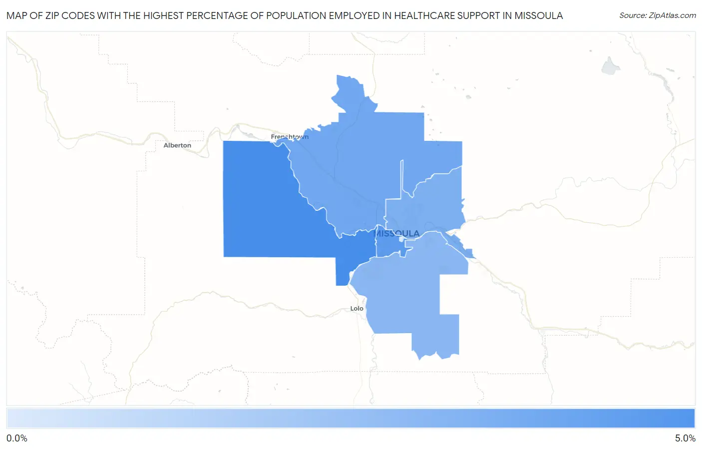 Zip Codes with the Highest Percentage of Population Employed in Healthcare Support in Missoula Map
