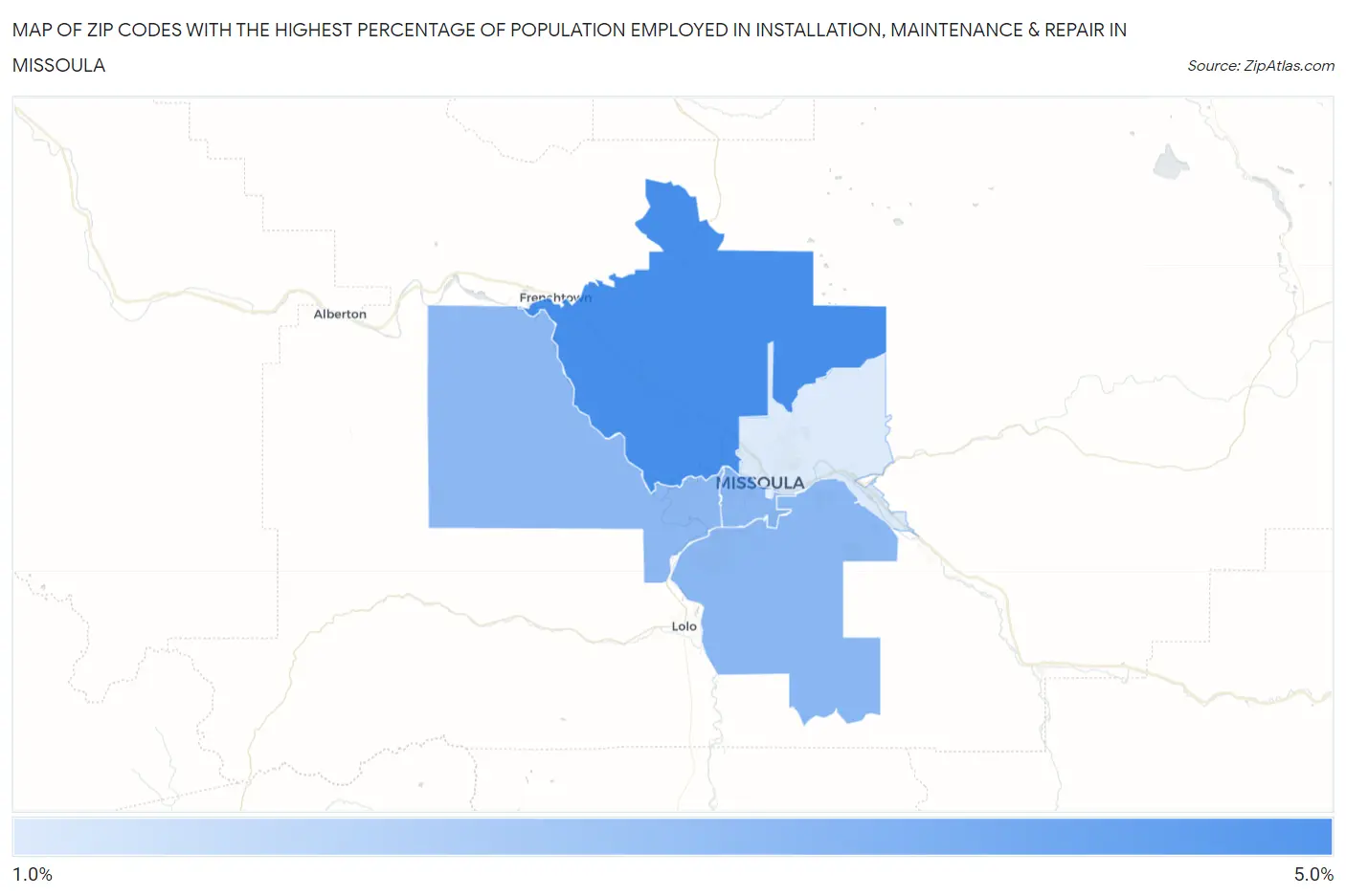 Zip Codes with the Highest Percentage of Population Employed in Installation, Maintenance & Repair in Missoula Map